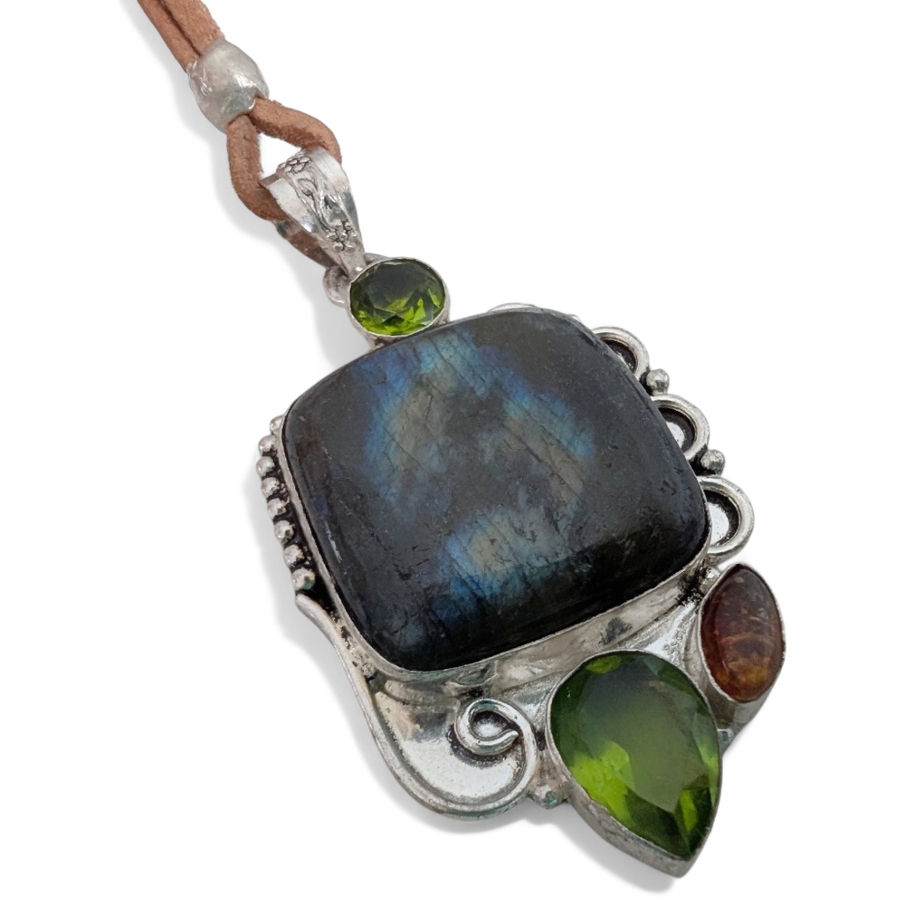 VINTAGE Pendant Necklace Labradorite Peridot 36" 925 Sterling Silver Leather - Picture 6 of 14